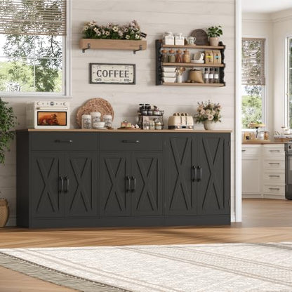 HOSTACK 71" W Kitchen Buffet Cabinet with Storage, Large Coffee Bar Cabinet - color: Black