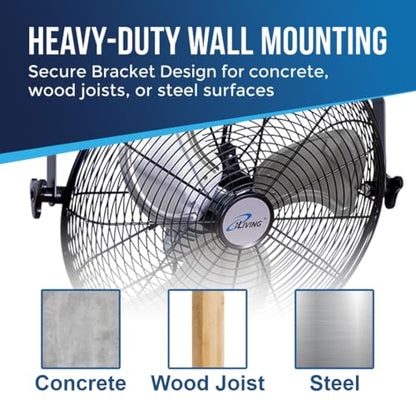 iLiving 18 Inch Wall Mount Fan, 4550 CFM High Velocity Metal Fan with 3 Speeds, Sealed Motor & 360° Tilt, Heavy Duty Wall/Ceiling Mount Fan for Garage, Warehouse, Barn, Greenhouse, Workshop - size: 18 Inches