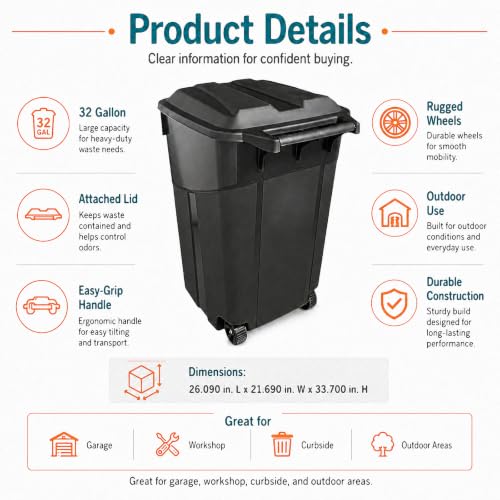 32 Gallon Wheeled Garbage Can with Attached Snap-Lock Lid, Black, 1-Pack - size: 32Square