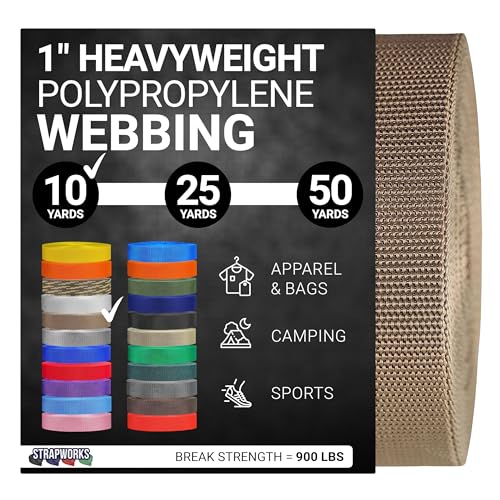 Strapworks Heavyweight Polypropylene Webbing - Heavy Duty Poly Strapping for Outdoor DIY Gear Repair - color: Tan, size: 1" x 10 yard