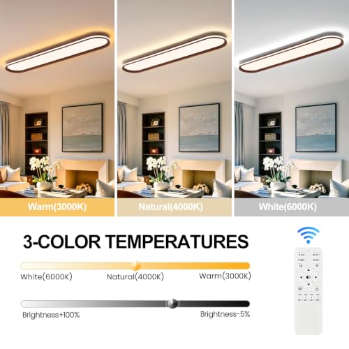 ADISUN Modern LED Ceiling Light Dimmable Linear Ceiling Light 39.4in Semi Flush Mount Long Lights with Remote Control and Side Lighting for Living Room Kitchen Dining Room Walnut - color: Walnut-1Pack, size: 39 Inch