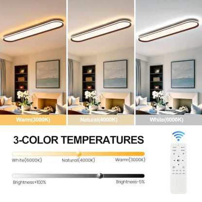 ADISUN Modern LED Ceiling Light Dimmable Linear Ceiling Light 39.4in Semi Flush Mount Long Lights with Remote Control and Side Lighting for Living Room Kitchen Dining Room Walnut - color: Walnut-1Pack, size: 39 Inch