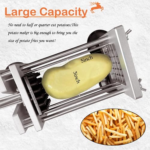 French Fry Cutter，Professional Stainless Steel Potato Cutter， Press Fries with 1/2-Inch and 3/8-Inch Blade Great for Potatoes