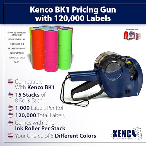 Kenco BK 1 Line Price Gun Kit - Includes 6,000 Labels, 2 Ink Rollers, Label Scraper - 8 Digit Labeler for Pricing, Dating, and Coding (BK-1 KIT 120,000 Labels) - size: BK-1 KIT 120,000 LABELS