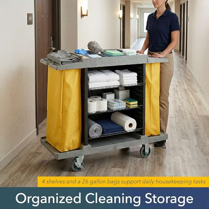 59” x 21” x 47” Large 4-Shelf Multifunctional Housekeeping Cart - Commercial Hotel Cart with 2 Vinyl Bags, 8 Top Compartments, Vacuum Bracket, Casters for Janitorial and Room Service Use - 220 lb - size: Large (4 Shelf)