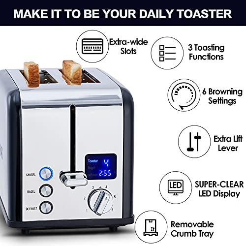 CUSIMAX 2 Slice Stainless Steel Toaster with Digital LED Display, Black - color: Black Stainless Steel, size: 2 Slice