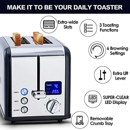 CUSIMAX 2 Slice Stainless Steel Toaster with Digital LED Display, Black - color: Black Stainless Steel, size: 2 Slice