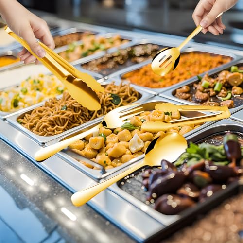 14PCS Serving Utensils - Hostess Serving Utensils Set, Premium Stainless Steel 8.7 inch Serving Utensils, Slotted Spoons, Fork, Tongs, Cake Pie Server for Buffet, Wedding, Dinner (Gold) - color: Gold
