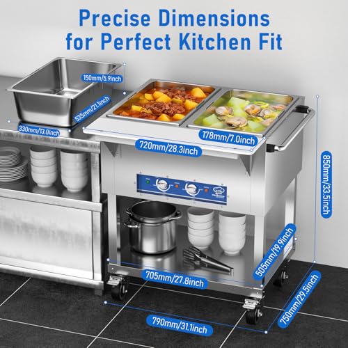 TOPKITCH 2-Pan Commercial Food Warmer, Electric Steam Table with Independent Temperature Control, 120V 1000W Stainless Steel Buffet Catering Food Warmer with Undershelf and Workspace, for Restaurant. - size: TC-2P