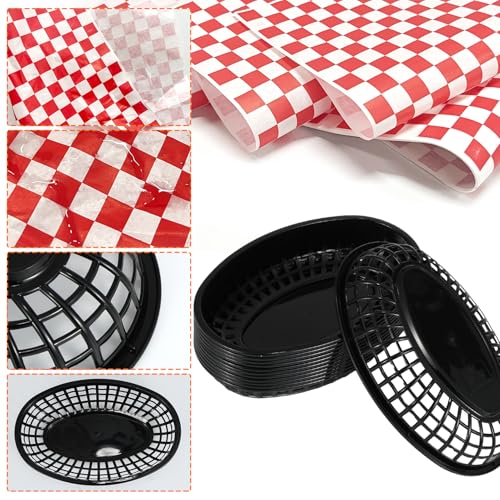 Rainmae Plastic Food Baskets with Deli Liners, 12 Fast Food Baskets, Oval Tray and Liners Reusable Chip Basket for Burgers, Sandwiches, Snacks, Candy Fruits, Restaurant Tray - Red Style - color: Black(12 Pcs+100 Red Deli Paper）
