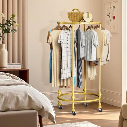 Rolling Round Garment Rack, Gold Clothing Rack with Wheels and Topper - color: Gold