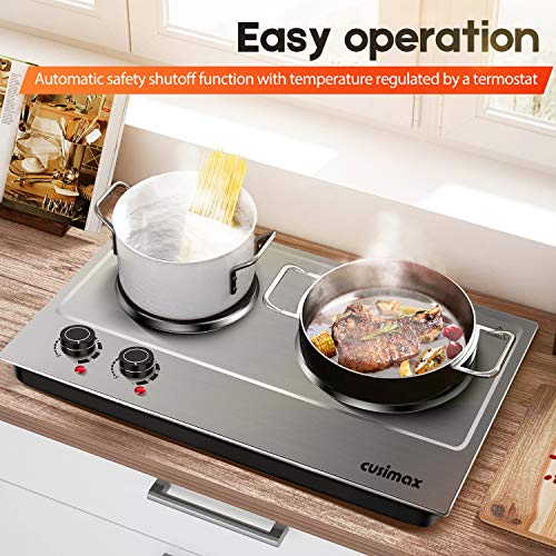 CUSIMAX 1800W Double Hot Plate, Stainless Steel Silver Countertop Burner Portable Electric Double Burners Electric Cast Iron Hot Plates Cooktop, Easy to Clean, Upgraded Version C180N - color: Silver, size: Double