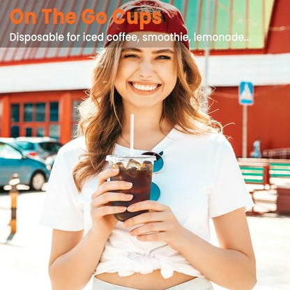 100 Pack 16 oz Plastic Coffee Cups with Lids and Straws