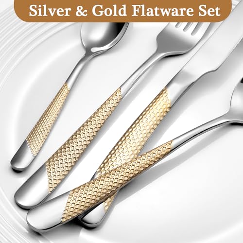 24 Piece Gold Hammered Silverware Set for 6, Premium Food-grade Stainless Steel Flatware Set, Luxury Design & Mirror Polished Cutlery Set, Eating Utensil Set with Fork Knife Spoon, Dishwasher Safe - color: Star Gold 24pcs
