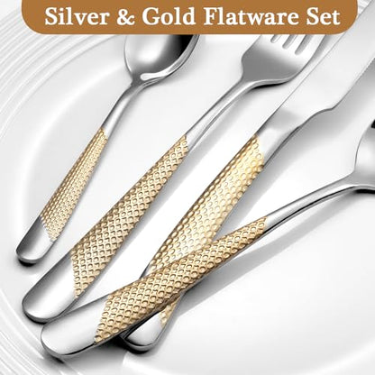 16 Piece Gold Hammered Silverware Set for 4, Premium Food-grade Stainless Steel Flatware Set, Luxury Design & Mirror Polished Cutlery Set, Eating Utensil Set with Fork Knife Spoon, Dishwasher Safe - color: Star Gold 16pcs