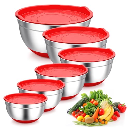 TeamFar Mixing Bowls, Stainless Steel Salad Bowls with Lids - Red - color: Red