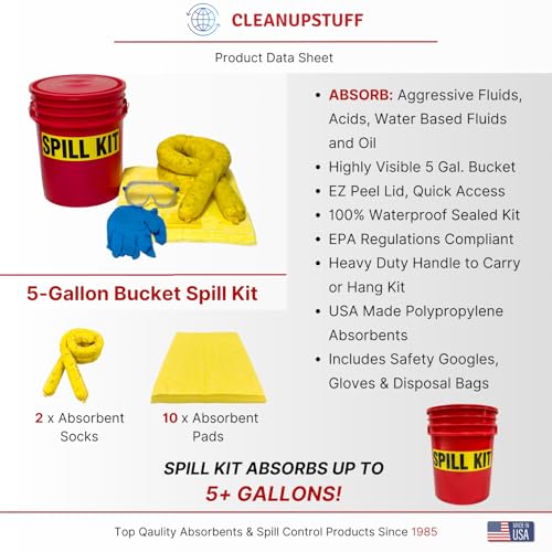 Original Bucket Spill Kit - Hazmat Absorbents & 5-Gallon Red Bucket - Spill Pads & Absorbent Socks - Oil Spill Clean Up - Absorb 5 Gallons (Made in USA)