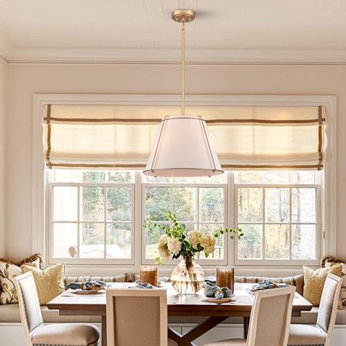 3-Light Gold Cone 16" Pendant Light Fabric Drum Shade with Metal - color: Gold