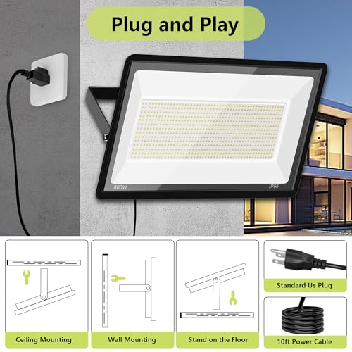 800W Warm White Flood Lights, Outdoor LED Security Floodlights with Plug, 3000K 80000LM Suer Bright, Commercial Arena Lighting for Court Backyard Stadium Fields 2 Pack - size: 800w_2pack