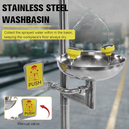 304 Stainless Steel Combination Eye Wash Station and Shower Emergency Shower Eyewash Station Stand Plumbing Eye Washing Unit for Industrial & Commercial & Lab Use