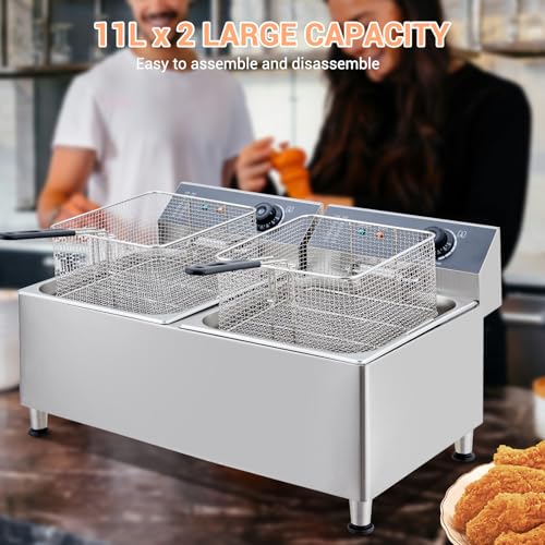 Commercial Electric Deep Fryer, 11L(11.55Qt) Double Removable Basket and Lid Stainless Steel Fast Heat Up Electric Countertop Fryer for Home and Commercial Restaurant Use, 304SS - size: 11L+11L 304
