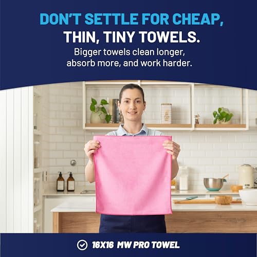 MW Pro Pink Microfiber Cleaning Cloths – 12 Pack, 16" x 16" – Premium Professional-Grade Pink Towels Built for Cleaning Pros, Hotels, Interiors & Home – Stays Pink, All-Purpose, Streak-Free - color: Pink