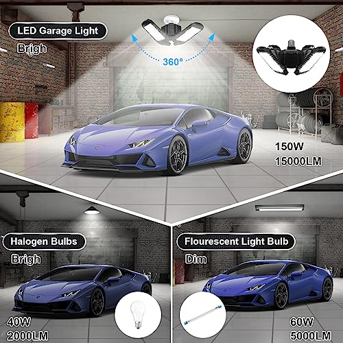 4 Pack LED Garage Light, 150W 15000LM 6500K LED Shop Lights, Garage Lights Ceiling Led with 4 Deformable Panels, Screw in E26/E27 Bulb Socket for Warehouse, Basement, Attic, Barn, High Bay Lighting - size: 150W-4PACK