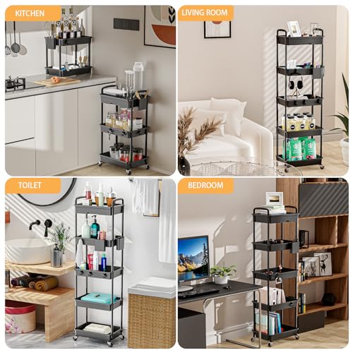 5 Tier Rolling Utility Cart with Drawer,REBECAT Utility Cart Made of Multifunctional Storage Organizer Tool for Kitchen,Bathroom,Living Room,Office(Black) - color: Black