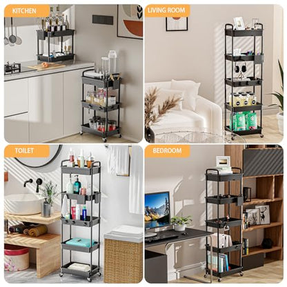 5 Tier Rolling Utility Cart with Drawer,REBECAT Utility Cart Made of Multifunctional Storage Organizer Tool for Kitchen,Bathroom,Living Room,Office(Black) - color: Black
