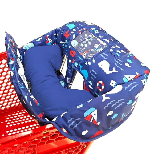 Soft Pillow Attached 2-in-1 Shopping Cart and High Chair Cover for Baby, Cotton Padded Cart Cover, Fold'n Roll Style, Portable with Carry Bag (Navy Blue Whale) - color: Navy Blue Whale