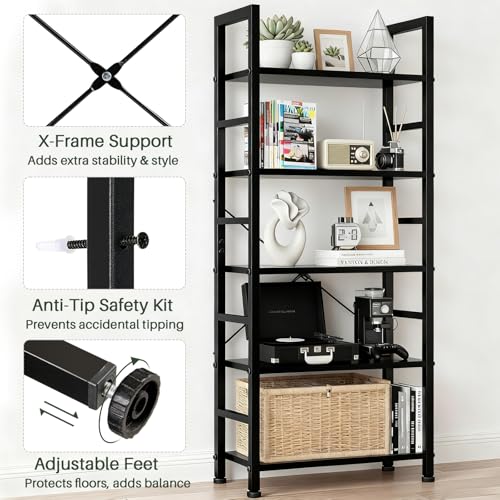 5 Tier Bookshelf, Free Standing Bookcase with Open Storage Shelves - color: Classic Black, size: 5 Tier