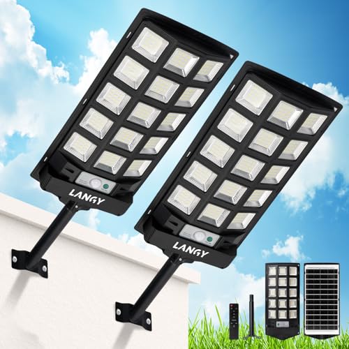 Solar Street Lights Outdoor,2 Pack Solar Lights Outdoor Waterproof Dusk to Dawn 60000LM 6500K Solar Flood Lights Motion Sensor with Remote Control, Commercial Area Lighting for Outside Parking Lot - size: 2PACK 60000LM