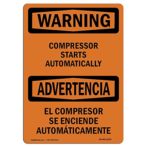 OSHA Waring Sign - Compressor Starts Automatically Bilingual | Rigid Plastic Sign | Protect Your Business, Work Site, Warehouse & Shop Area | Made in The USA