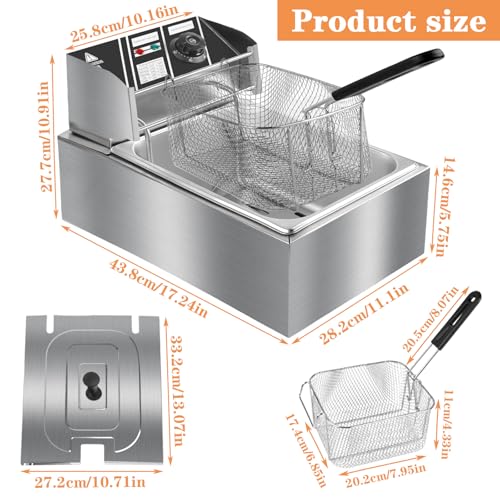 10QT Electric Deep Fryer 304 Stainless Steel Single Tank Commercial Fryer with Basket, Countertop Deep Fryer for Home and Restaurant Use with Lid & Temperature Control