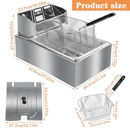 10QT Electric Deep Fryer 304 Stainless Steel Single Tank Commercial Fryer with Basket, Countertop Deep Fryer for Home and Restaurant Use with Lid & Temperature Control