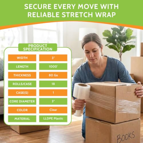 PSBM Mini Stretch Wrap with Plastic Handle 18 Rolls 3 Inch x 1000 Feet 80 Gauge Heavy Duty up to 500% Stretch Clear Plastic Wrap Industrial Strength Shrink Film for Moving, Packing & Shipping - 18