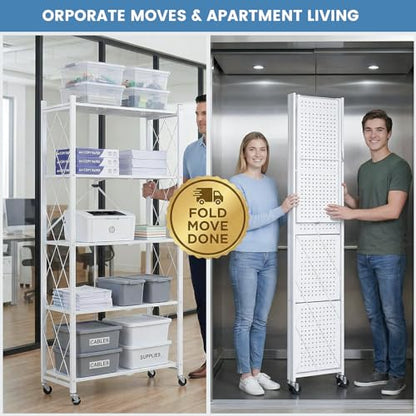 ALANNG 70.7" H Metal Storage Shelves, 5 Tier Folding Shelf on Wheels - color: White