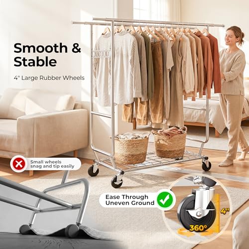 HOKEEPER Clothes Rack Heavy Duty Clothing Rack Load 650 LBS Collapsible Garment Rack with Wheels Double Rod Clothes Rack for Hanging Clothes Commercial Portable Closet Rack with Shelves 22"D*75"W*68"H - color: Chrome