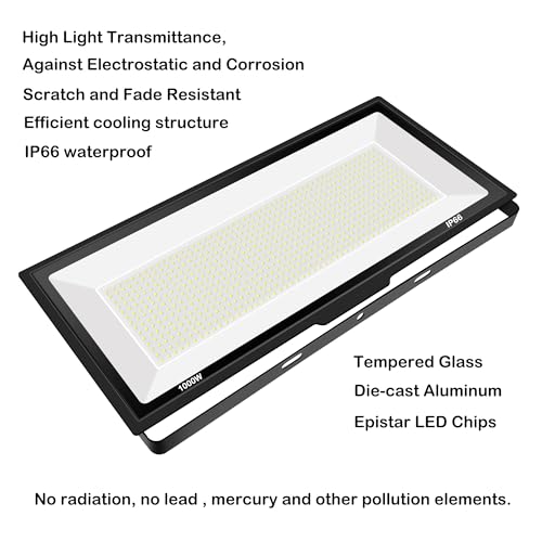 1000W LED Flood Lights,4200 watt Equivalent 98000LM Super Bright Outdoor LED Arena Lights 85-265V IP66 Waterproof 6000K Daylight Commercial Lighting for Stadium, Backyard, Parking Lots etc - size: 1000w_1pack
