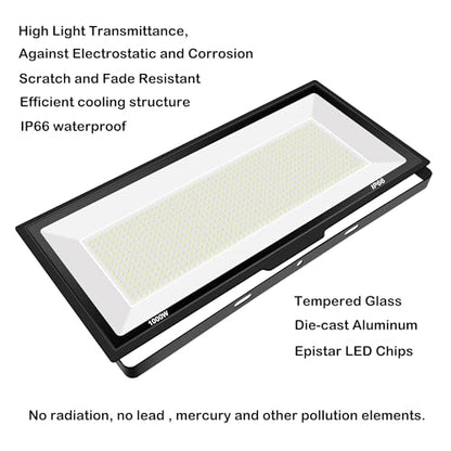 1000W LED Flood Lights,4200 watt Equivalent 98000LM Super Bright Outdoor LED Arena Lights 85-265V IP66 Waterproof 6000K Daylight Commercial Lighting for Stadium, Backyard, Parking Lots etc - size: 1000w_1pack