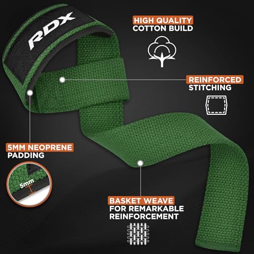RDX Lifting Straps for Weightlifting –100% Cotton Heavy Duty Gym Wrist Strap with 5MM Neoprene Padding, 60CM Anti-Slip Hand Grip Wraps for Deadlifts Powerlifting Workouts Strength Training, Men Women - color: Army Green
