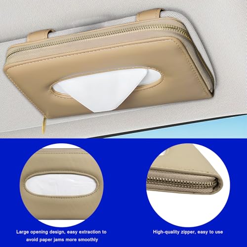 Car Tissue Holder, PU Leather Auto Sun Visor Tissue Case Napkin Holder with Zipper, Rectangular Mask Dispenser Hanging Paper Towel Organizer for Cars SUVs Trucks RVs (Beige) - color: Beige