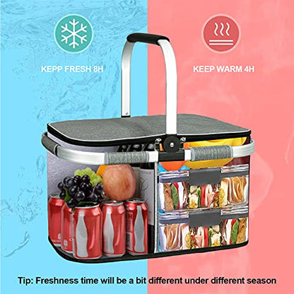 LIQING 35L Large Picnic Basket 2 Layers of Internal Pockets Leak-Proof and Insulated ，Folding with Internal Support for enhansed Stability, Wedding Gifts for Couple(Grey) - color: Gray