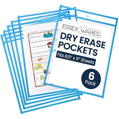 Essex Wares - 6 Pack, Sky Blue Dry Erase Pockets, 10" Wide x 13.5" Tall - color: Sky Blue
