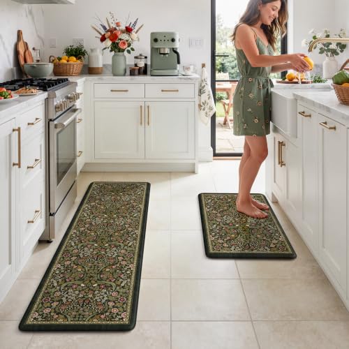 Collive Anti Fatigue Mats for Kitchen Floor Washable Padded Kitchen Rug Set - color: Olive Green, size: 20"x59"+20"x32"