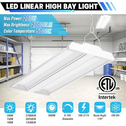 Allsmartlife LED Linear High Bay Shop Light 2-Pack, 200W 27000LM 5000K Daylight 0-10V Dimmable, Adjustable Led High Bay Lighting Fixtures for Garage Warehouse Workshop ETL
