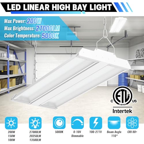 Allsmartlife LED Linear High Bay Shop Light 2-Pack, 200W 27000LM 5000K Daylight 0-10V Dimmable, Adjustable Led High Bay Lighting Fixtures for Garage Warehouse Workshop ETL