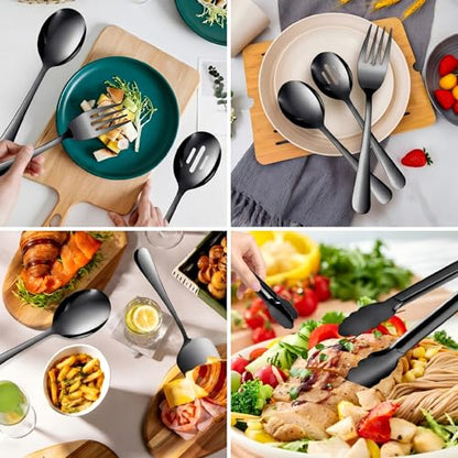 14PCS Serving Utensils - Hostess Serving Utensils Set, Premium Stainless Steel 8.7 inch Serving Utensils, Slotted Spoons, Forks, Tongs, Cake Pie Server for Buffet, Wedding, Dinner (Black) - color: Black