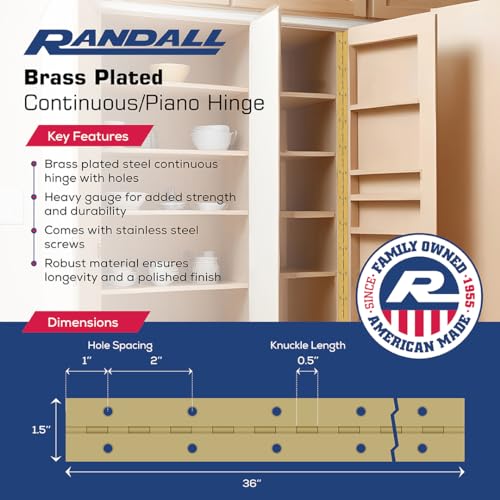 1 1/2" Continuous Hinge (Piano Hinge) 2, 3, 4, 6 and 7 FT Lengths (3 FT, Brass Plated) - size: 3 Feet, style: Brass Plated