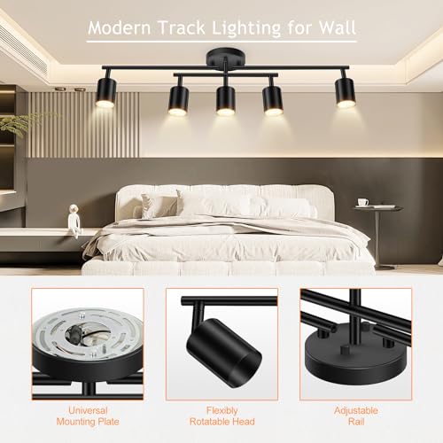 BoostArea 5 Light Track Lighting Kit, Black 5 Way Ceiling Spot Lighting, Center Swivel Track Light Heads, Flexibly Rotatable Light Head for Kitchen, Living Room, Bedroom, GU10 Bulb Not Included - color: Rotatable-5 Light-Black
